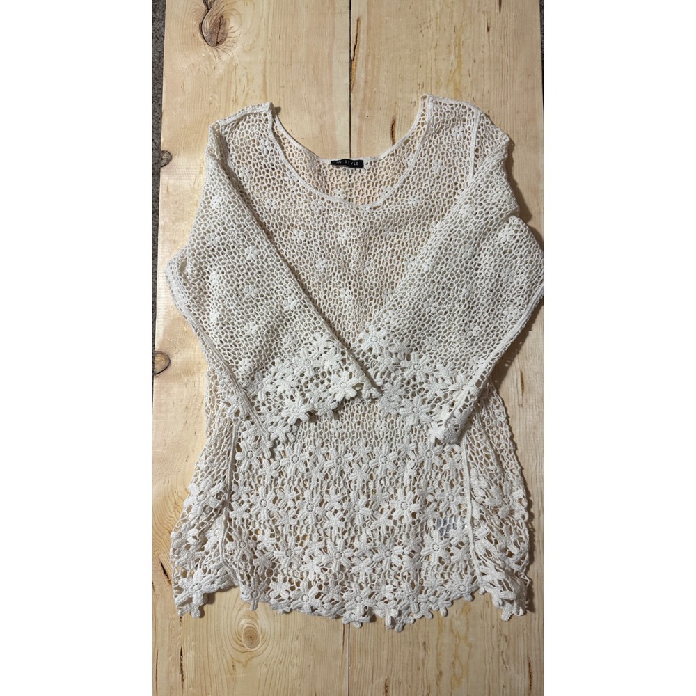 In Style Cream Crochet Lace Boho Tunic Top‎ One Size 100% Cotton
